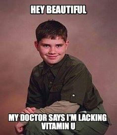 a young boy sitting on top of a chair with the caption hey beautiful my doctor says i'm lacking vitamin u