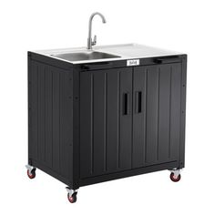 a black cabinet with a sink on wheels