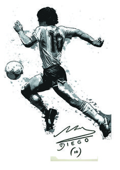 a man kicking a soccer ball on top of a white field with the words diego