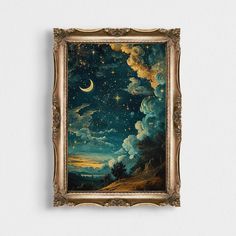 a painting hanging on the wall with clouds and stars in the night sky above it