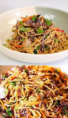 two plates with noodles and vegetables in them