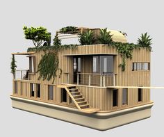 an image of a houseboat with plants on the roof and balconies on the upper deck