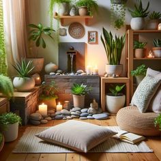 a living room filled with lots of plants and candles