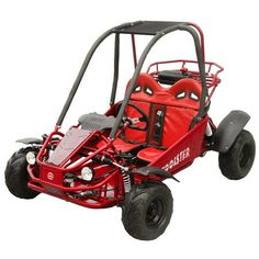 a red go kart with two seats and wheels