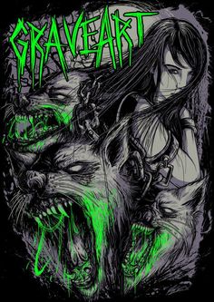 an image of a woman with green hair and fangs on her face next to a wolf