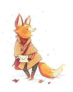 a drawing of a fox wearing a coat and holding an envelope in it's paws