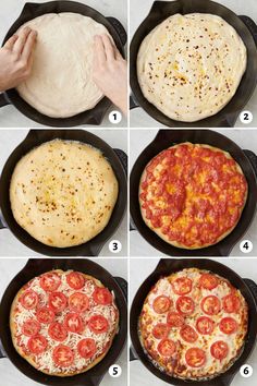 four images showing how to make homemade pizzas in cast iron skillets with cheese and tomatoes