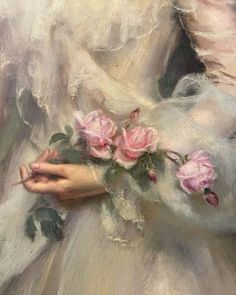 a painting of a woman holding flowers in her hand and wearing a white dress with pink roses on it