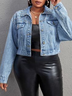 Light Wash Casual Collar Long Sleeve Denim Plain Other Embellished Non-Stretch  Plus Size Denim Crop Denim Jacket, Plus Size Denim, Blue Jean Jacket, Cropped Denim Jacket, Denim Jackets, Cropped Denim, Blue Jean, Jean Jacket, Leather Pants