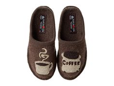 Haflinger Coffee - Women's Slippers : Brown : Cozy up with your morning brew and your new favorite slippers with these warm and comfy Haflinger® slippers. Boiled wool upper is naturally soft, sturdy, and machine washable. Coffee-inspired appliqués adorn the front of each slipper. Warm wool-covered footbed is sure to massage your foot with each and every step. Latex arch support is sure to leave your feet feeling happy. Double-felt outsole adds both cushioning and traction on a variety of surface Nike Slippers, Men Coffee, Quoi Porter, Frosty The Snowman, Wool Slippers, Women Slippers, Slippers For Women, Slippers Cozy, Boiled Wool