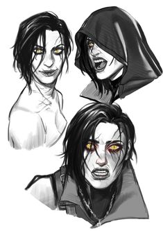 three different faces with yellow eyes and black hair, one is wearing a hoodie