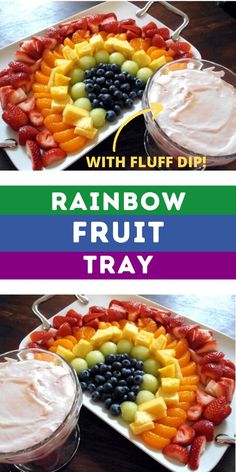 Rainbow Fruit Tray with Strawberry Fluff Fruit Dip Birthday For My Daughter, Eat Rainbow, Birthday Party Appetizers, Rainbow Fruit Platters, Marshmallow Clouds, Fruit Rainbow, Strawberry Fluff, Clouds Rainbow