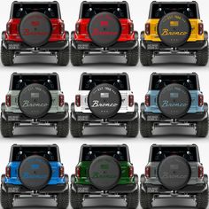 six different colored jeeps are shown in the same color as each car's tire cover