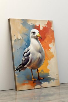 a painting of a seagull standing on the ground in front of a white wall