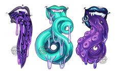 three different types of purple and blue designs