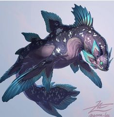 a drawing of a fish with blue and purple colors on it's back legs