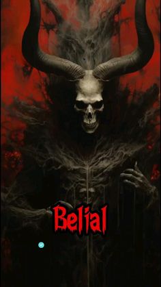 a demonic demon with horns on it's head and the words belial written in red