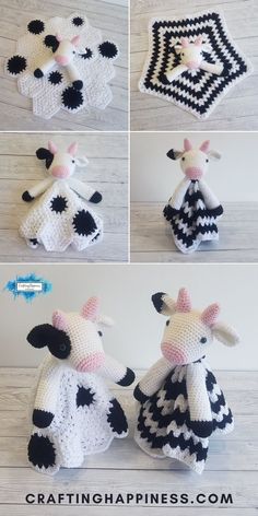 crocheted cow with black and white patterns on it's body