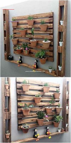 two pictures of wooden pallets with potted plants on them, one is made out of wood planks and the other has succulents