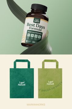 a bottle of vitamin supplement sitting on top of a green bag next to an advertise