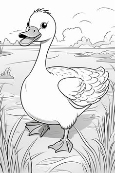 a black and white drawing of a duck standing in the grass next to a body of water