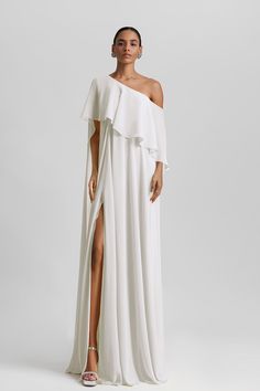 One shoulder crepe georgette dress – HerTrove Marchesa Couture, Mermaid Top, Dress Cape, Midi Dress Style, Georgette Dress, Dream Dresses, Long Midi Dress, Cape Dress, Lebanon