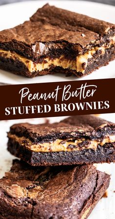 chocolate peanut butter stuffed brownies stacked on top of each other with text overlay