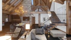 a living room filled with furniture next to a stone wall and wooden beams on the ceiling