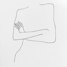 a black and white drawing of a woman's arm with one hand on her chest