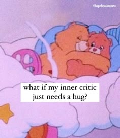 a teddy bear laying in bed with the caption what if my inner circle just needs a hug?