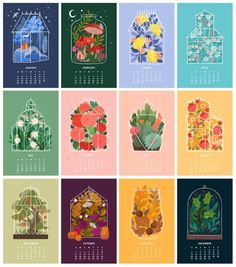 an image of a calendar with flowers and plants on it's cover in different colors