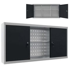 two black and white metal cabinets with doors on each side, one door open and the other closed