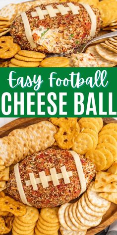 easy football cheese ball platter with crackers and crackers