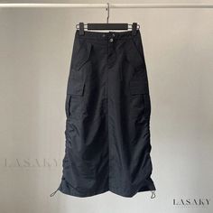 Lasaky - Quick-Dry Pleated Drawstring Workwear Skirt Vintage Loose Casual Slit Rear Long Midi Skirt Workwear Skirt, Vacation Skirts, Long Midi Skirt, Embroidered Jumpsuit, Cotton Maxi Skirts, Long Midi, Fitted Jumpsuit, Skirt Vintage, Cotton Maxi