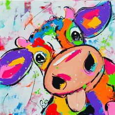 a painting of a colorful cow on a white background