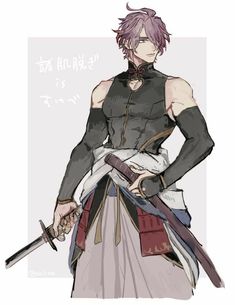 an anime character with pink hair holding two swords and looking at the camera while standing in front of him