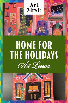 Painted or colored images of homes decorated for the holidays from a student art lesson. Winter Homes, Color Art Lessons, Holiday Art Projects, Winter Art Lesson, Winter Art Projects, Winter Village, Elementary Art Projects, Homeschool Art