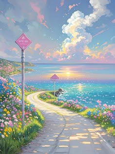 a painting of a road leading to the ocean with flowers on both sides and a sign in the foreground