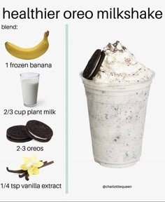 an ice cream sundae is shown with ingredients to make it look like oreo milkshake