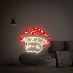 a mushroom with eyes glowing on the wall next to a chair and floor lamp in a dark room