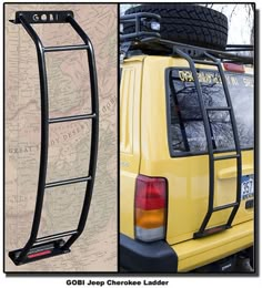 an image of a yellow jeep with luggage rack on it's back and map in the background