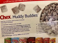 an advertisement for chex muddy buddies is shown