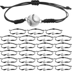 a baseball bracelet with lots of balls on it and black cord around the clasps