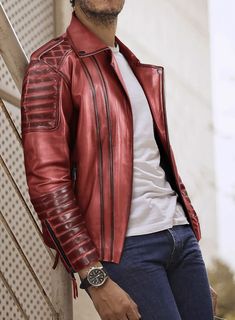 Are you planning to embrace a new look this season? Then why not consider our Outlaw Burnt Red Leather Jacket that will help you make a statement all on its own? Elevate your entire look with this elegantly designed leather jacket, which has the power to transform an otherwise mundane outfit.  
 
 Allow yourself to fall in love with this incredible leather piece and let it become a staple in your wardrobe.  
 
 Made Using Deep Waxed Pure Napa Sheep Skin Soft Leather.  
 
 Look Includes   Soft Bu Burnt Red, Sheep Skin, Jackets For Men, Leather Pieces, Body Warmer, Custom Leather, Red Leather, Red Leather Jacket, Fall In Love