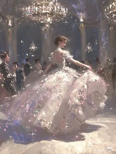 a painting of a woman in a white dress walking through a room filled with people