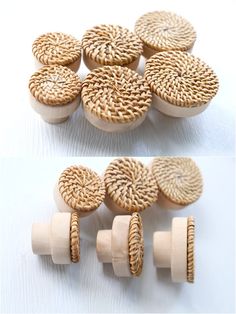 several wooden knobs with different patterns on them