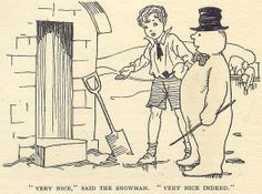 an old cartoon shows a boy and a snowman standing in front of a door