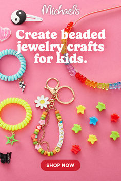 an assortment of beaded jewelry and accessories for kids on a pink background with the text create beaded jewelry crafts for kids shop now