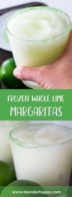 frozen whole lime margaritas in glasses with text overlay that reads frozen whole lime margaritas