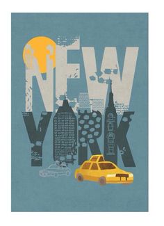 a yellow taxi cab is parked in front of the new york city skyline on blue paper